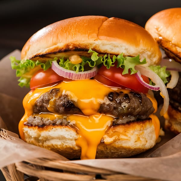 A double cheeseburger with melted cheese, lettuce, tomato, and red onion in a basket.