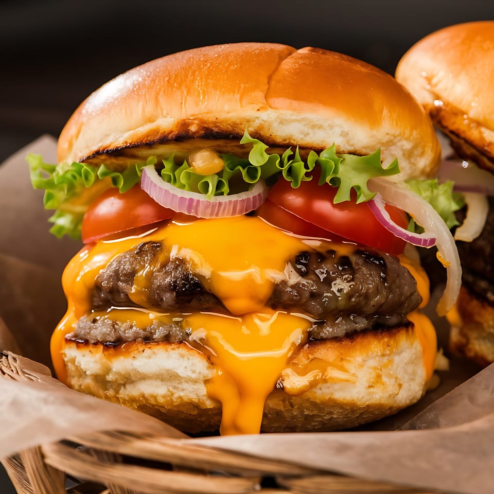 A double cheeseburger with melted cheese, lettuce, tomato, and red onion in a basket.