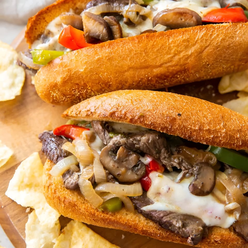 Two Italian Pizzeria the Village cheesesteak subs with steak, mushrooms, onions, peppers, and melted cheese.