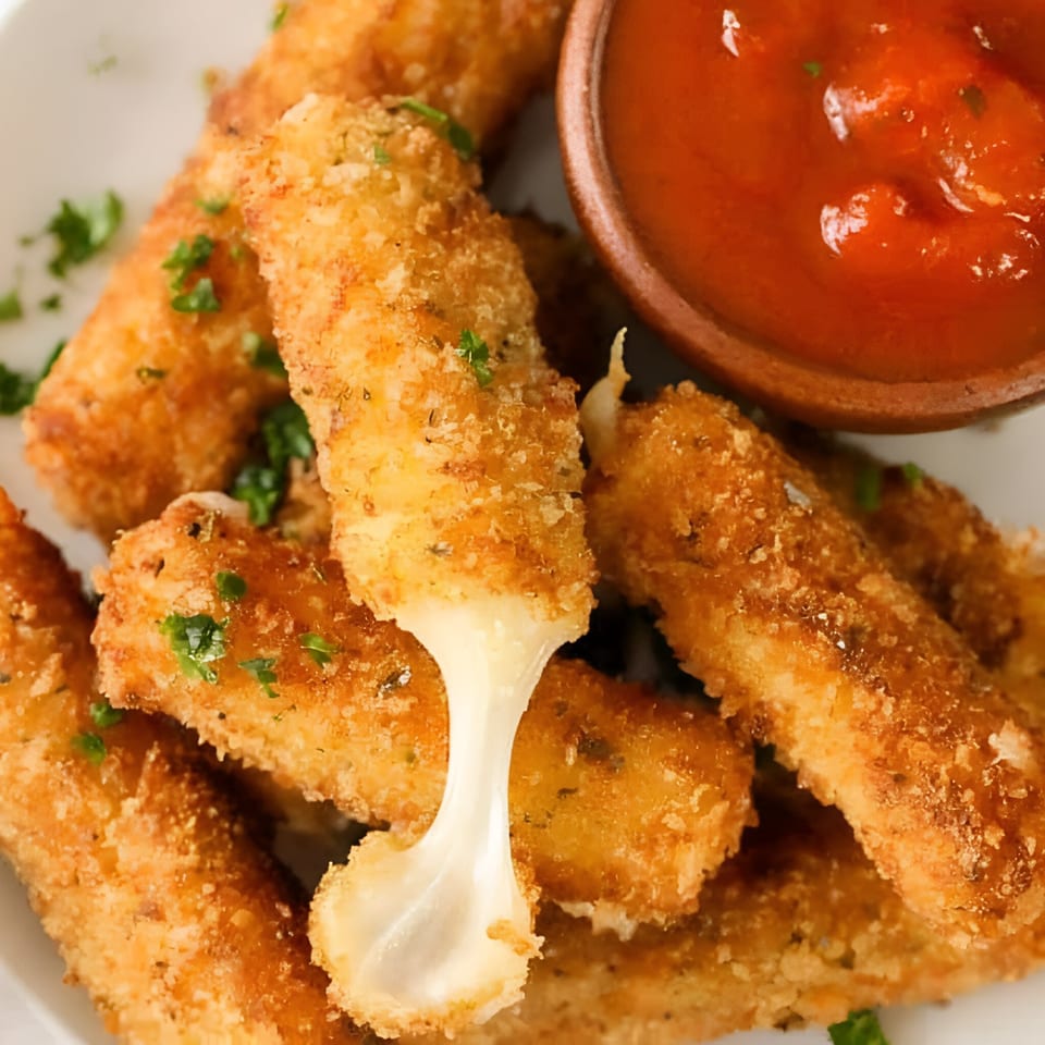 Golden-brown mozzarella sticks with melted cheese stretching, served with a side of marinara sauce.