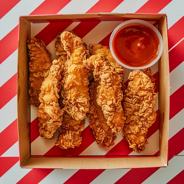 Crispy fried chicken tenders and a cup of red dipping sauce in a striped box.
