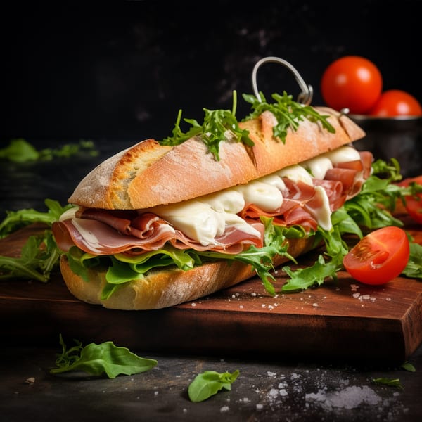 Italian baguette sandwich with prosciutto, mozzarella, and arugula on a wooden board with tomatoes.