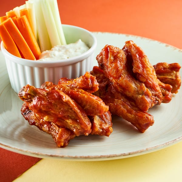Spicy chicken wings with celery and carrot sticks, and a side of creamy dip.